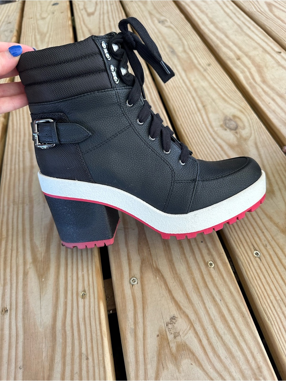 Black Lace-Up Heeled Ankle Boot with Red Trim